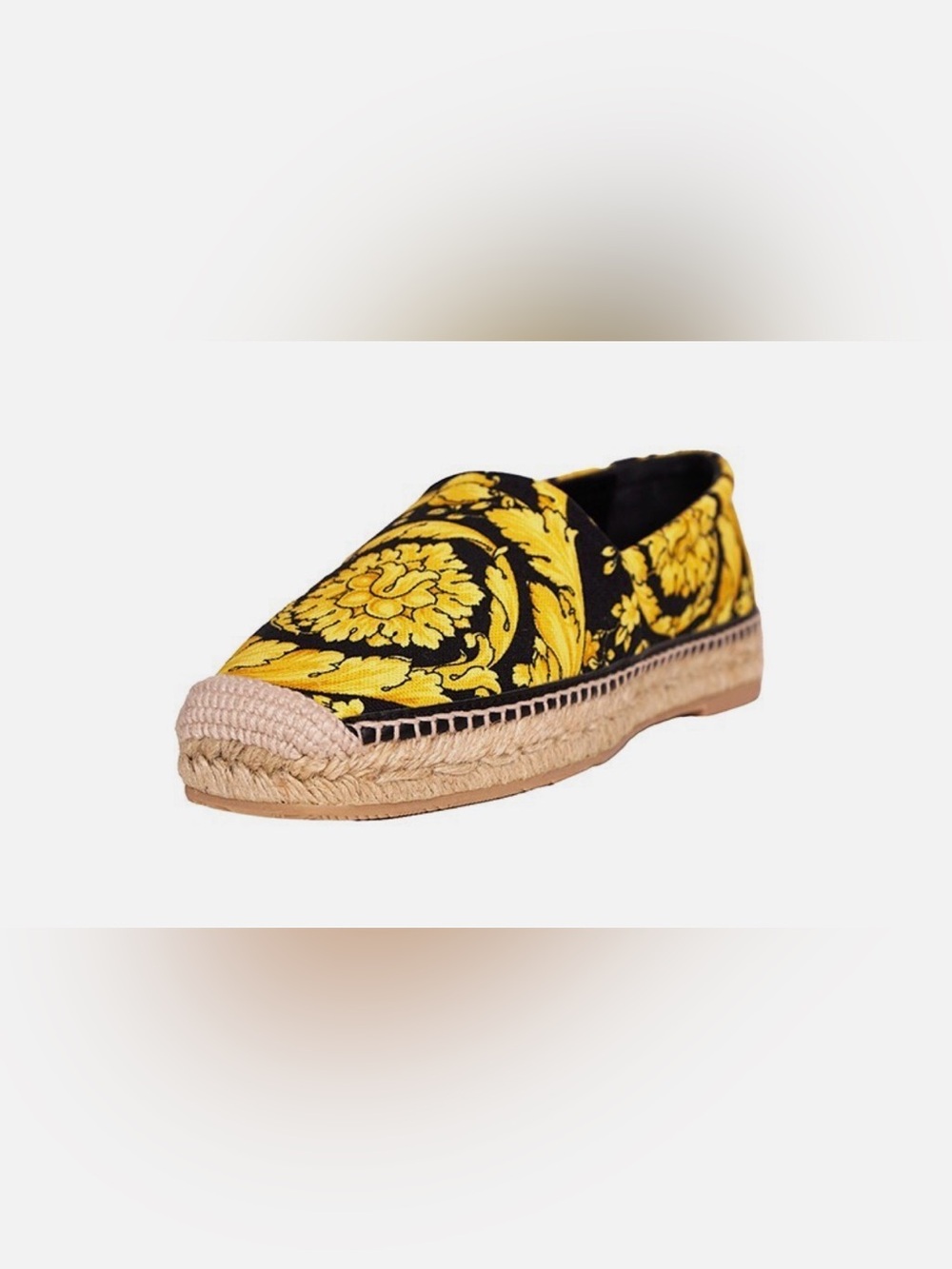Versace Baroque Black Gold Canvas Platform Espadrilles Size 36.5 Made in Spain